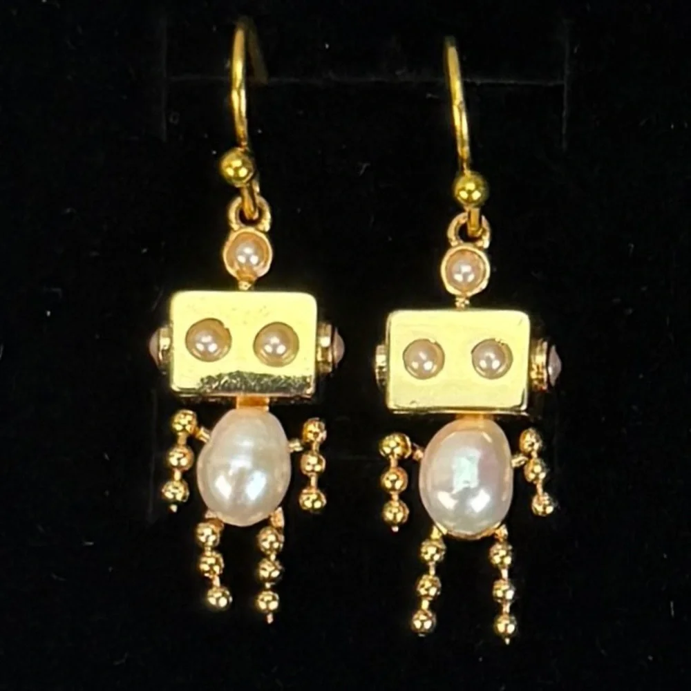 Goldtone Faux Pearl Robot Pierced Earrings